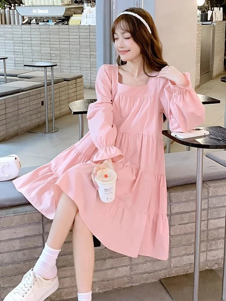 Women’s Pink Long Sleeve A-Line Dress – Elastic Waist, Casual, Party & Beach Style