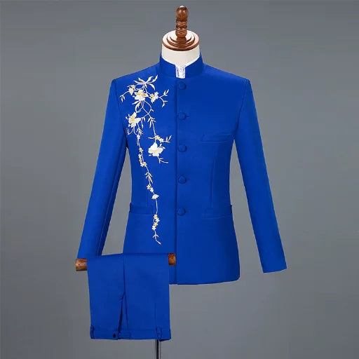 2025 New Men's Chinese Style Applique Suits Slim Fit Flower Set Male Wedding Prom Party Dress Blazers Jacket and Pants