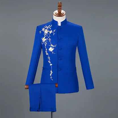 2025 New Men's Chinese Style Applique Suits Slim Fit Flower Set Male Wedding Prom Party Dress Blazers Jacket and Pants