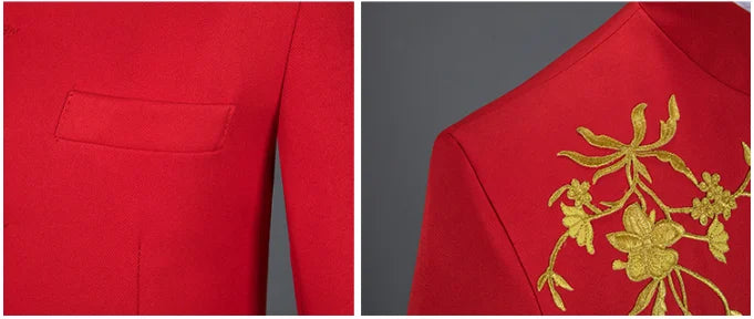 2025 New Men's Chinese Style Applique Suits Slim Fit Flower Set Male Wedding Prom Party Dress Blazers Jacket and Pants