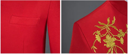 2025 New Men's Chinese Style Applique Suits Slim Fit Flower Set Male Wedding Prom Party Dress Blazers Jacket and Pants