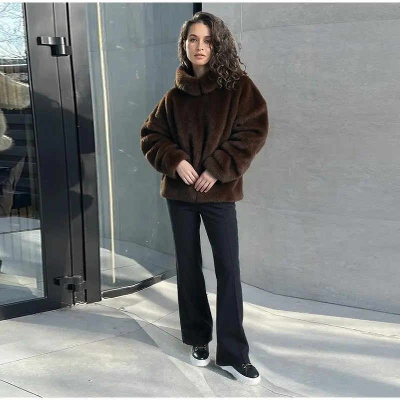 Fashion Furry Hooded Faux Fur Coats Women's Loose Long Sleeve Brown Warm Pullovers 2025 Autumn Winter Lady Casual Outwear