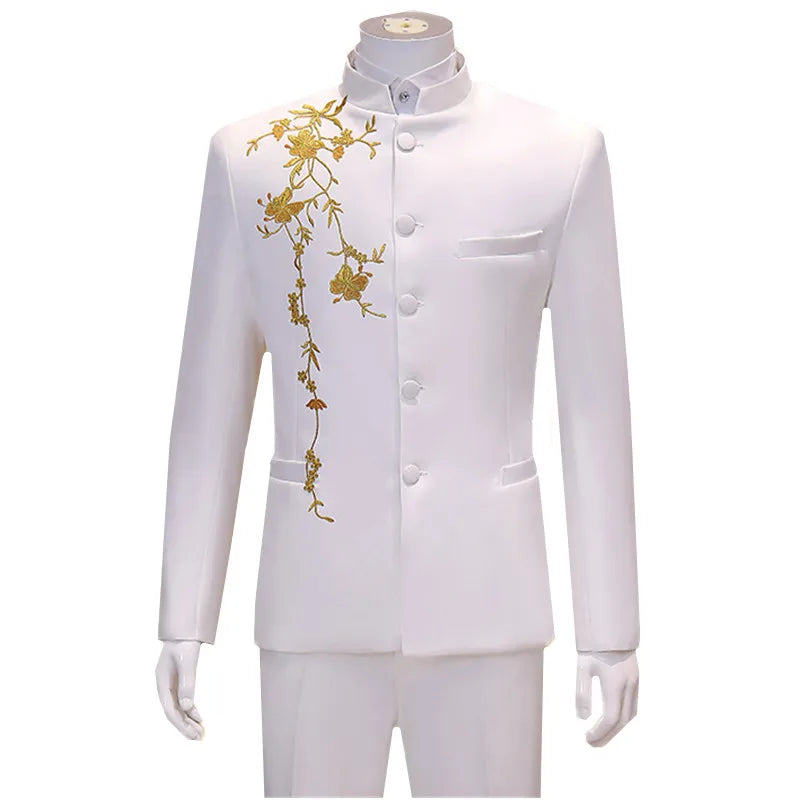 2025 New Men's Chinese Style Applique Suits Slim Fit Flower Set Male Wedding Prom Party Dress Blazers Jacket and Pants