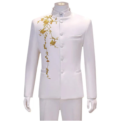 2025 New Men's Chinese Style Applique Suits Slim Fit Flower Set Male Wedding Prom Party Dress Blazers Jacket and Pants