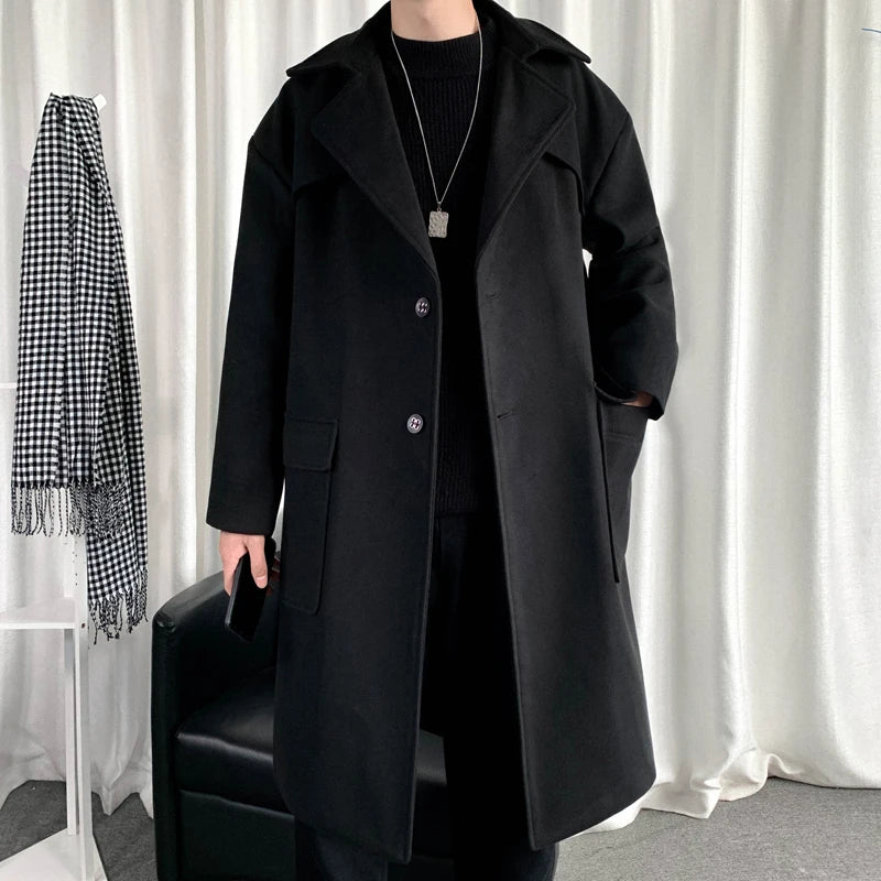 Mens Hooded Long Woolen Coats Oversized Solid Color Winter Windbreaker Korean Style Casual Outwear