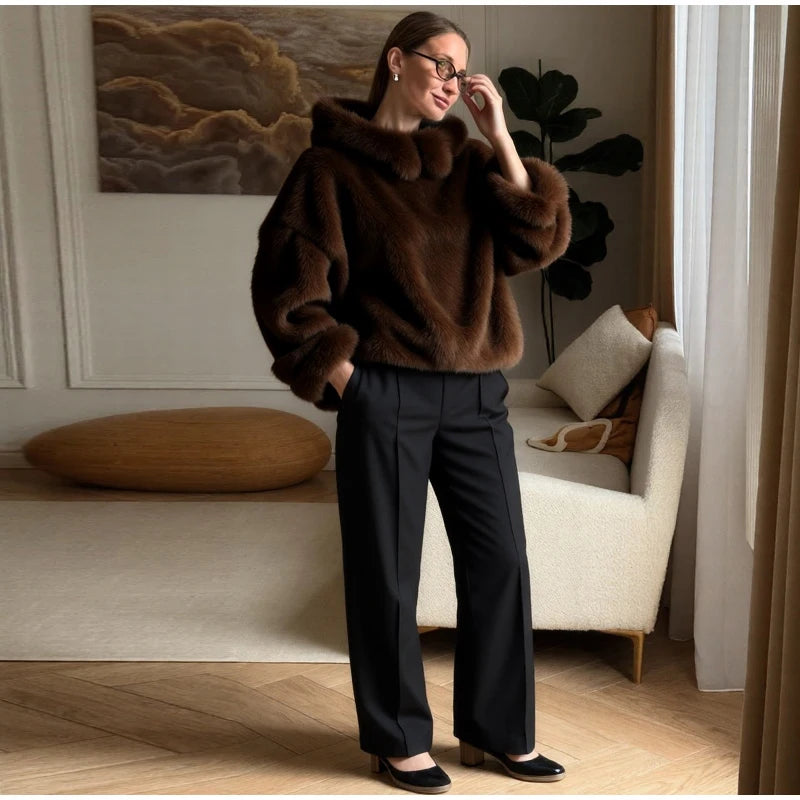 Fashion Furry Hooded Faux Fur Coats Women's Loose Long Sleeve Brown Warm Pullovers 2025 Autumn Winter Lady Casual Outwear