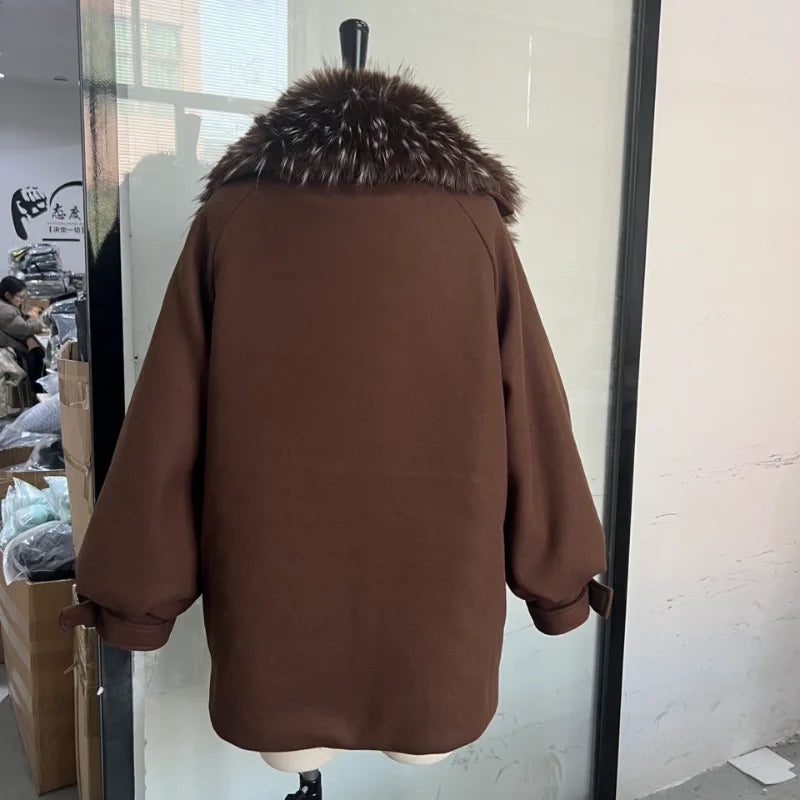 Oversized Winter Women's Coat Wide Faux Fur Collar Hooded Jackets Loose Single Breasted Outwears 2025 New Trendy Warm Lady Coats