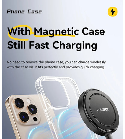 Essager Magnetic Wireless Charger With Holder 15W Fast Charging For iPhone17 16 15 14Pro Max Airpods Mini Wireless Phone Charger