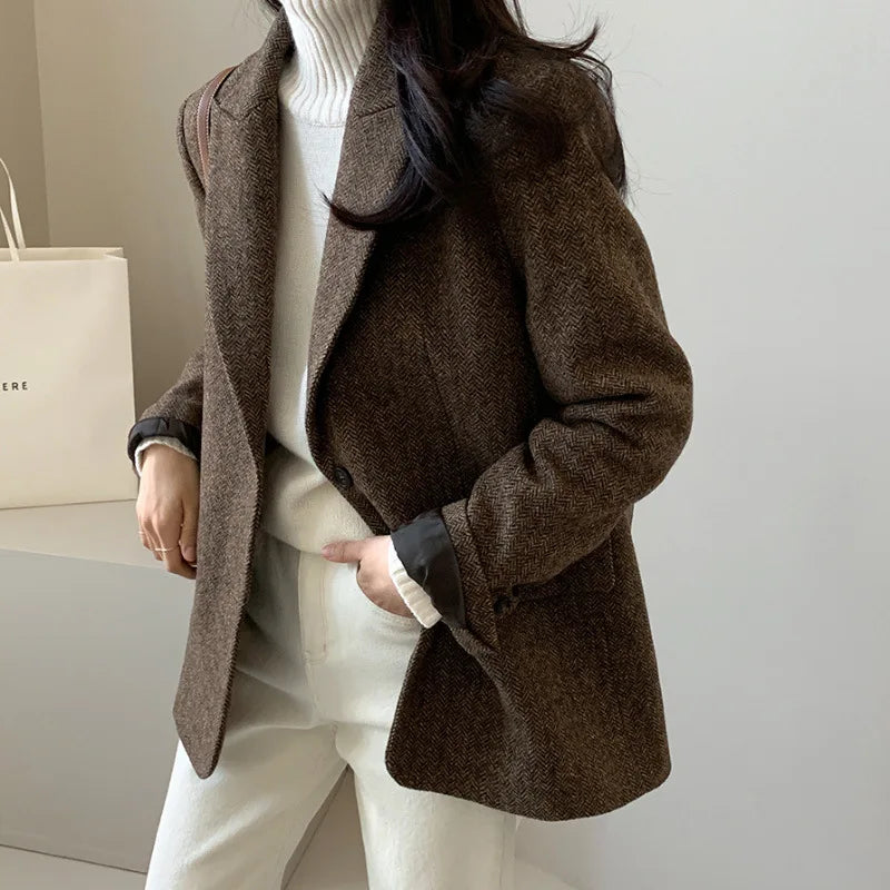 Wool Women Coats Jackets Blends Turn Down Collar Coat Thick Warm Y2k Streetwear Jacket Work Outerwear Slim Fit Autumn Winter