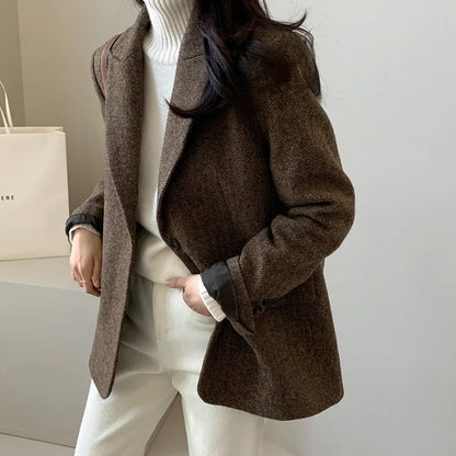 Wool Women Coats Jackets Blends Turn Down Collar Coat Thick Warm Y2k Streetwear Jacket Work Outerwear Slim Fit Autumn Winter