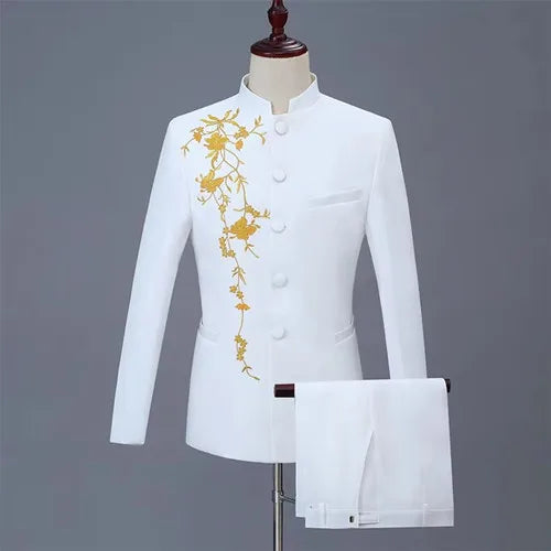 2025 New Men's Chinese Style Applique Suits Slim Fit Flower Set Male Wedding Prom Party Dress Blazers Jacket and Pants
