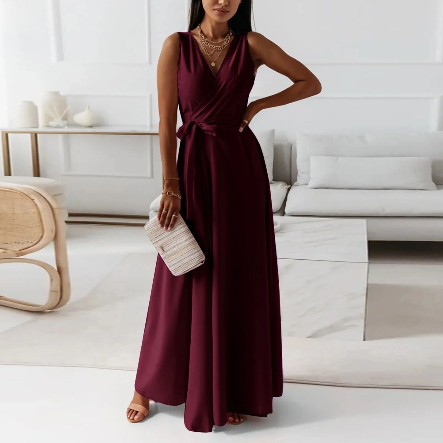 dresses for women elegant party dresses V-neck Sleeveless Belt Evening Dresses  Solid Color Solid Color dress vestidos femenino