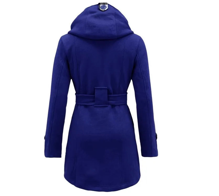 2025 Autumn Women's Hooded Overcoat Trend Double-Breasted Design Belt Side Pockets Plaid Splice Woolen Coats Winter Jacket Femme