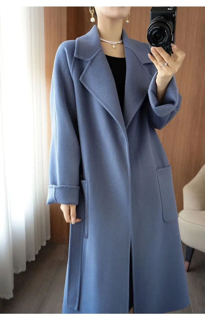 2024 Women's Wear 100% Wool Coat Autumn/Winter Fashion Temperament Double sided Cashmere Coats with Belt Elegant Long Overcoat