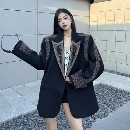 Women's BF Oversize Coats Loose Casual Single-Breasted Retro Beaded Jacket Office Lady Outerwear Autumn Winter