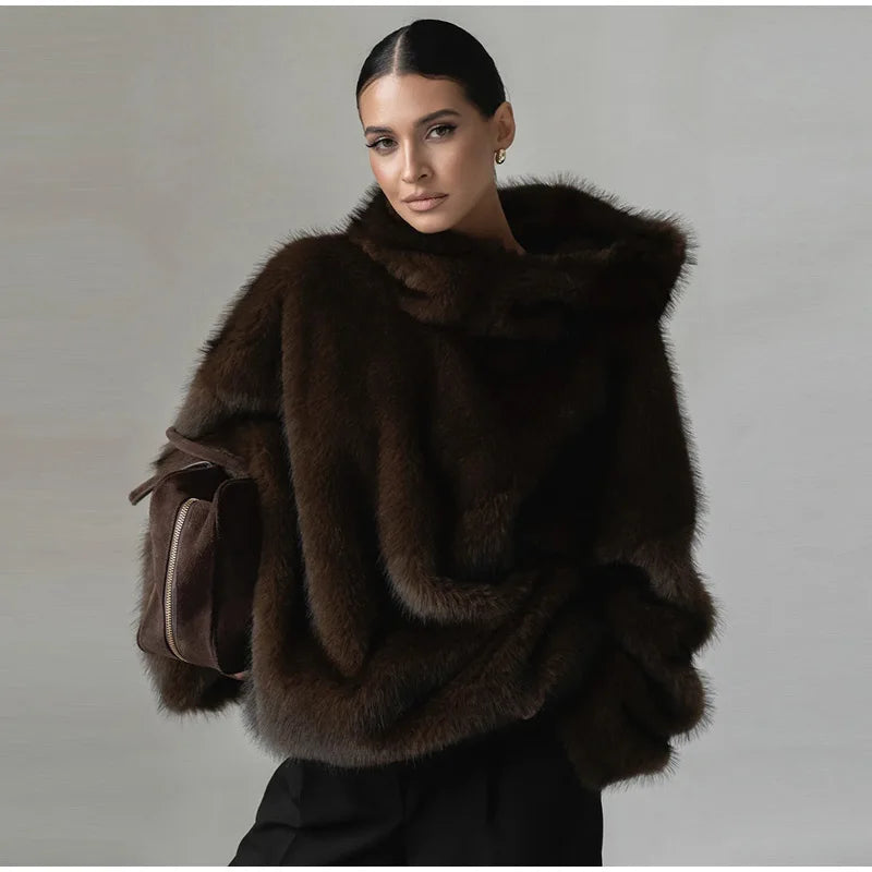 Fashion Furry Hooded Faux Fur Coats Women's Loose Long Sleeve Brown Warm Pullovers 2025 Autumn Winter Lady Casual Outwear