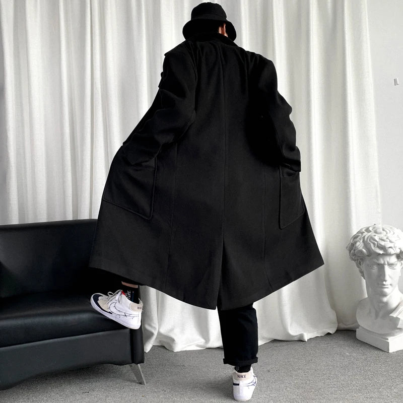 Mens Hooded Long Woolen Coats Oversized Solid Color Winter Windbreaker Korean Style Casual Outwear