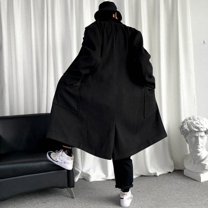 Mens Hooded Long Woolen Coats Oversized Solid Color Winter Windbreaker Korean Style Casual Outwear