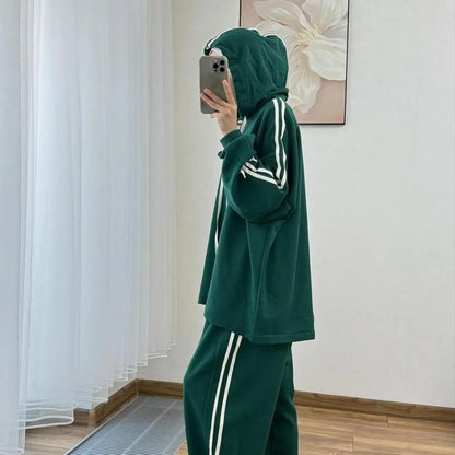 Muslim Suit Women Hoodie Top Wide Leg Pants 2 Piece Set Trousers Hooded sweatshirt Ensemble Sporty Stripe Outfits Tracksuit