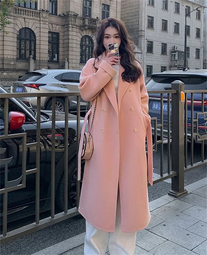 100% Wool Coat Women's Wear 2024 Autumn/Winter Fashion Temperament Double sided Cashmere Coats with Belt Elegant Long Overcoat