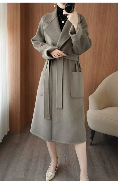 2024 Women's Wear 100% Wool Coat Autumn/Winter Fashion Temperament Double sided Cashmere Coats with Belt Elegant Long Overcoat