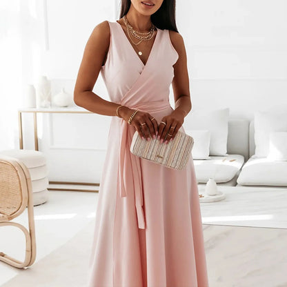 dresses for women elegant party dresses V-neck Sleeveless Belt Evening Dresses  Solid Color Solid Color dress vestidos femenino