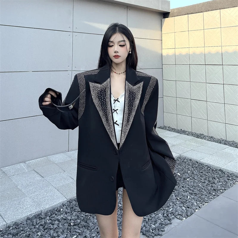 Women's BF Oversize Coats Loose Casual Single-Breasted Retro Beaded Jacket Office Lady Outerwear Autumn Winter