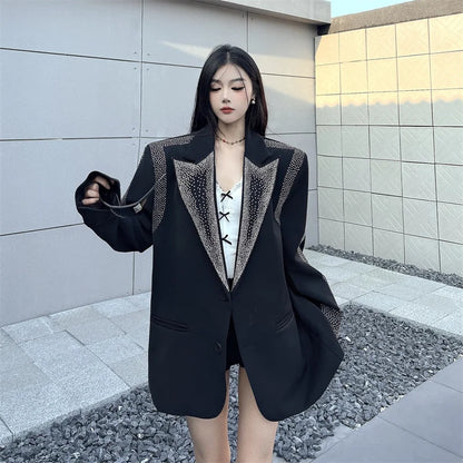 Women's BF Oversize Coats Loose Casual Single-Breasted Retro Beaded Jacket Office Lady Outerwear Autumn Winter