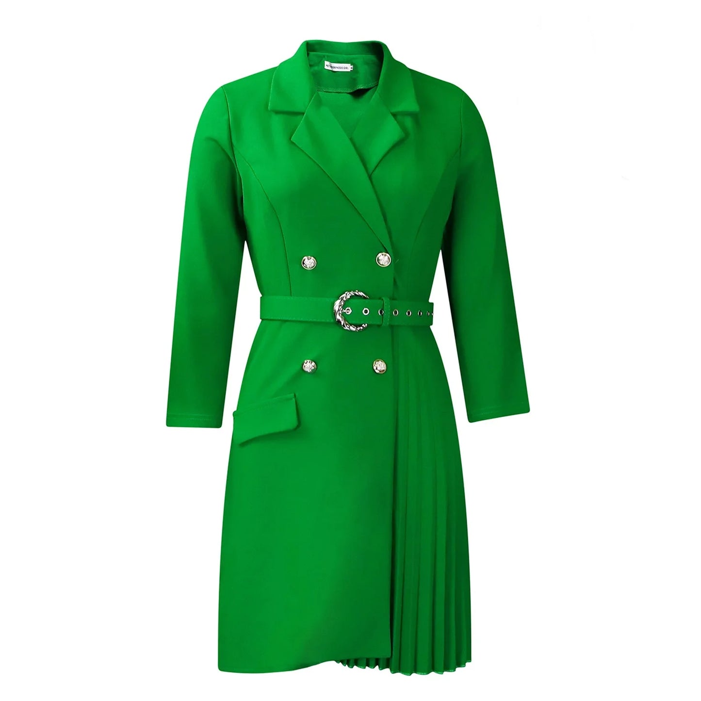 Women’s Elegant Notched Collar Dress, Long Sleeve Pleated Mid-Calf Dress with Waist Sash