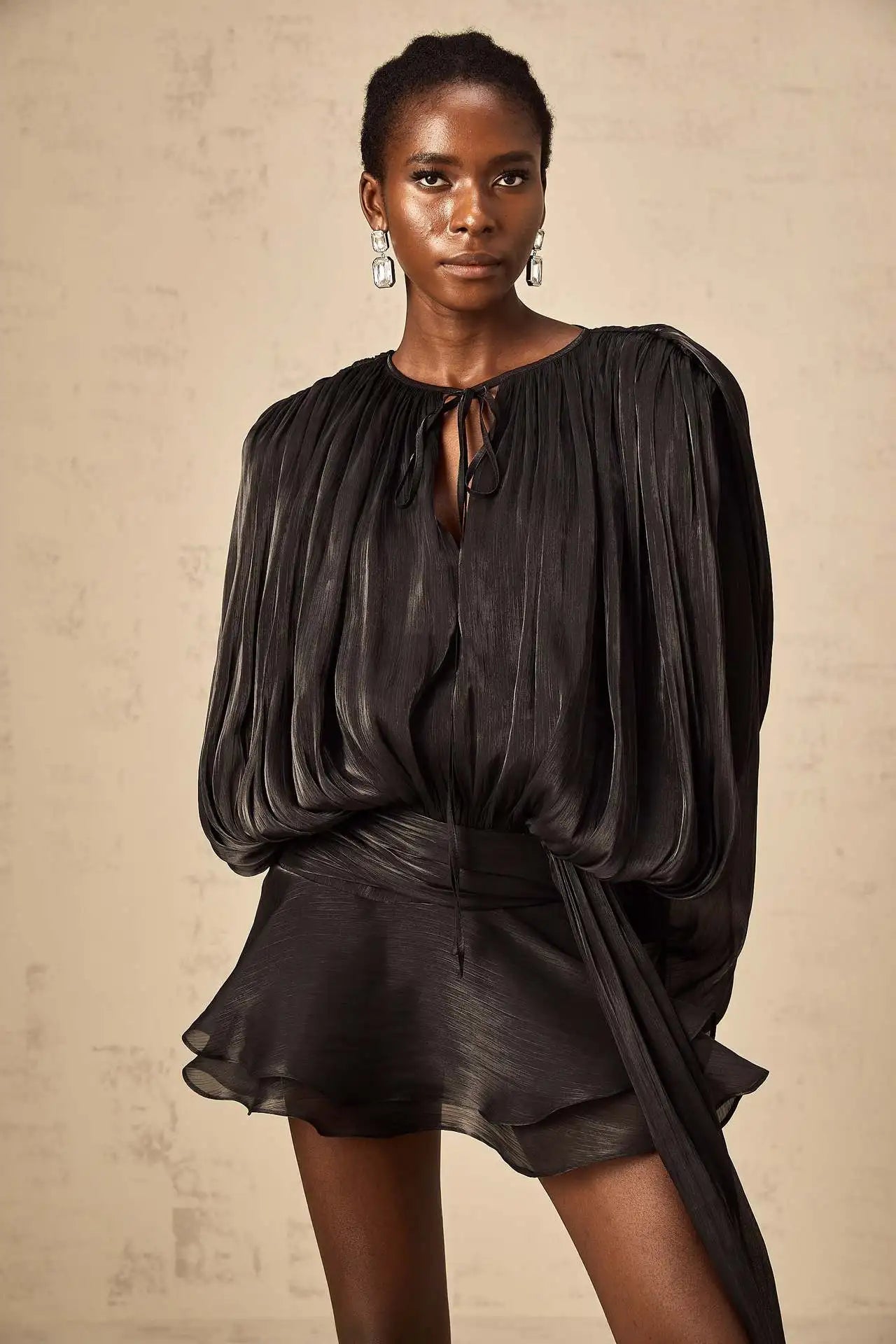 Dresses For Woman French Vestidos Elegant Puff Sleeve Dress Fashionable Loose Lace-up Solid Color Leace-up Simple Style Trendy