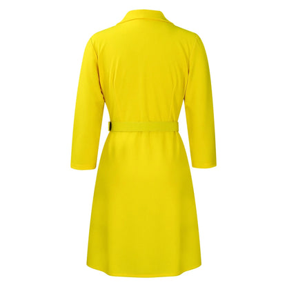 Women’s Elegant Notched Collar Dress, Long Sleeve Pleated Mid-Calf Dress with Waist Sash