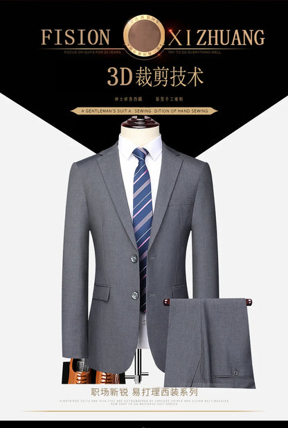 Suit  (Blazer+ Trousers) Men's Casual Formal Business Gentleman Solid Color Hosting Four Seasons Slimming Wedding Fashion Suit