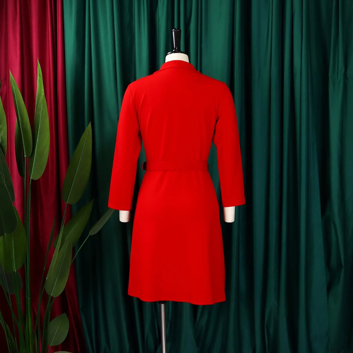 Women’s Elegant Notched Collar Dress, Long Sleeve Pleated Mid-Calf Dress with Waist Sash