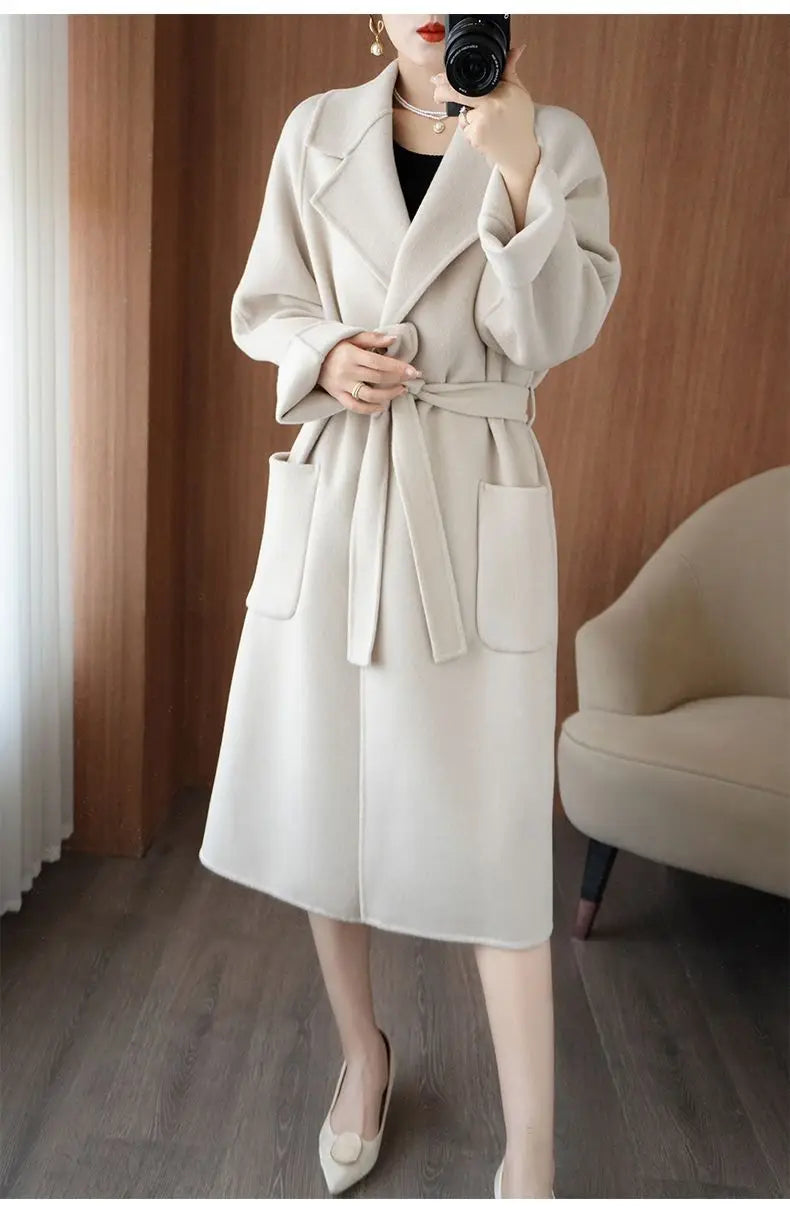 2024 Women's Wear 100% Wool Coat Autumn/Winter Fashion Temperament Double sided Cashmere Coats with Belt Elegant Long Overcoat
