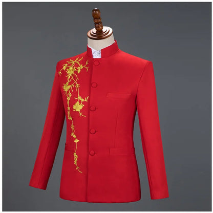 2025 New Men's Chinese Style Applique Suits Slim Fit Flower Set Male Wedding Prom Party Dress Blazers Jacket and Pants