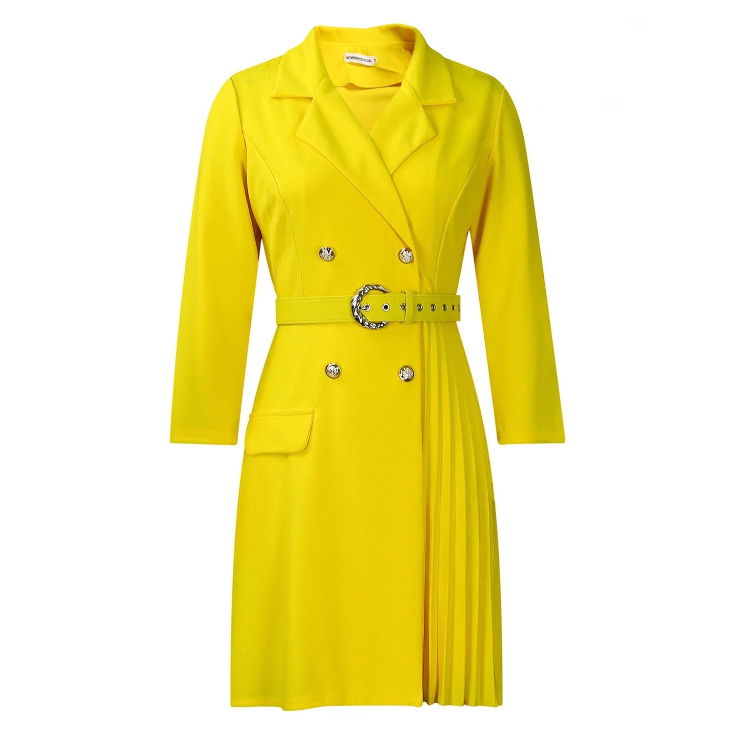 Women’s Elegant Notched Collar Dress, Long Sleeve Pleated Mid-Calf Dress with Waist Sash