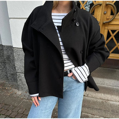 Casual Women's Woolen Blend Coats Women Stand Collar Single-breasted Long Sleeve Thick Warm Jacket 2025 Autumn New in Outwear