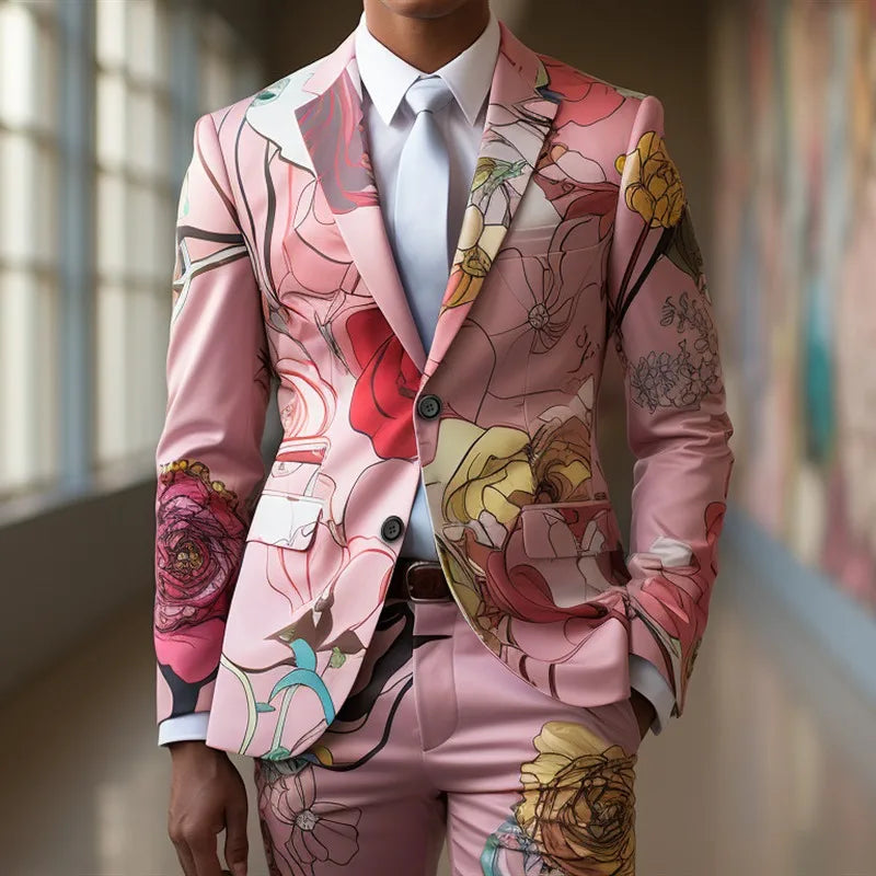 Men's Casual Suits Coat Trousers Digital Printing Exquisite Rose Flower Suit Cosplay Party Stage Nightclub Performance Costume