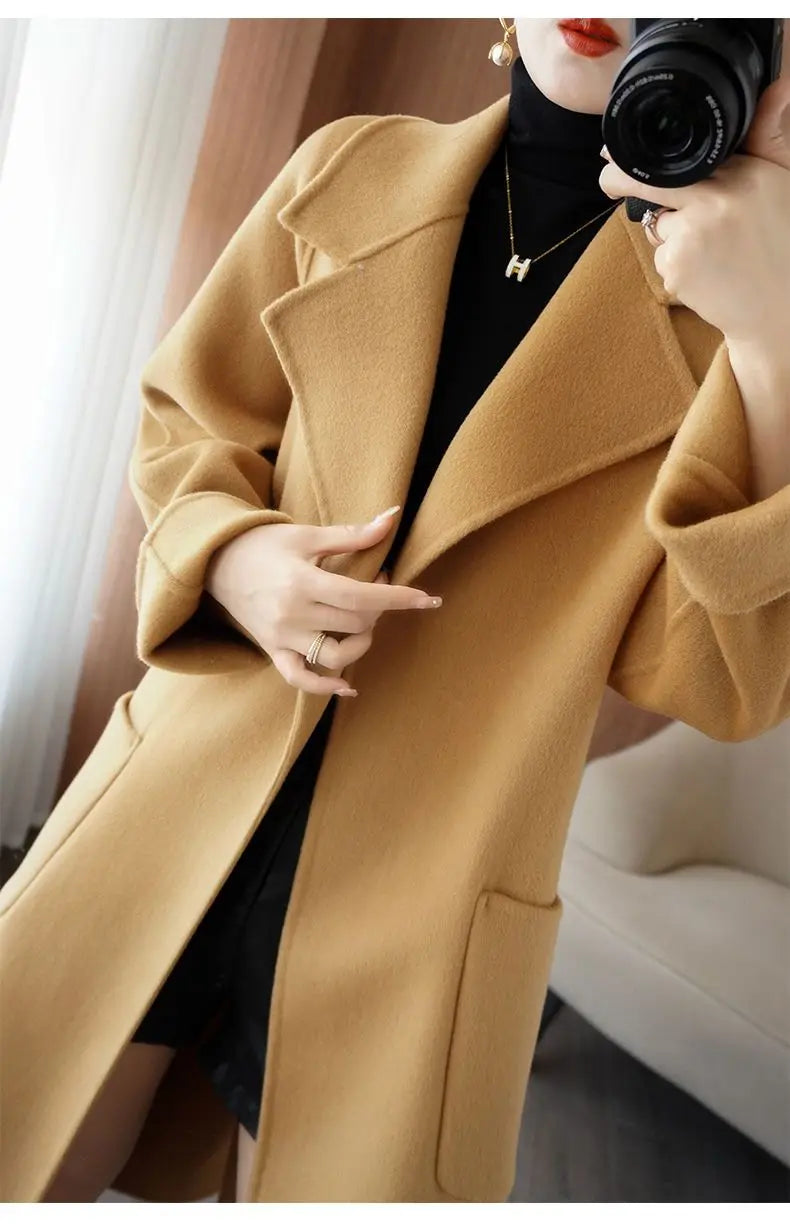 2024 Women's Wear 100% Wool Coat Autumn/Winter Fashion Temperament Double sided Cashmere Coats with Belt Elegant Long Overcoat