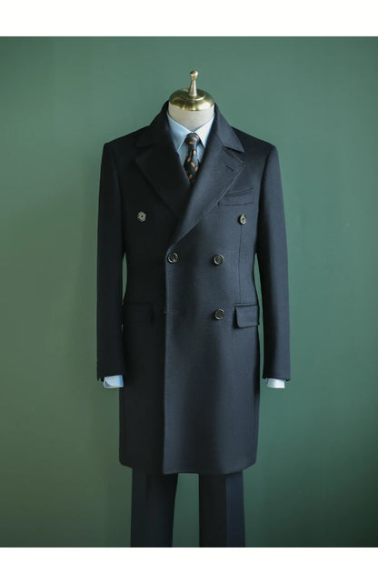 Men's Overcoat Warm Thick 100% Wool Double Breasted Navy Blue Slim Fit Luxury Business Long Coat Custom