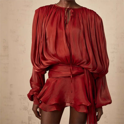 Dresses For Woman French Vestidos Elegant Puff Sleeve Dress Fashionable Loose Lace-up Solid Color Leace-up Simple Style Trendy