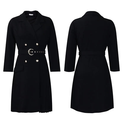 Women’s Elegant Notched Collar Dress, Long Sleeve Pleated Mid-Calf Dress with Waist Sash