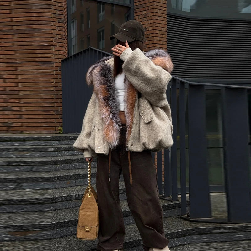 Oversized Winter Women's Coat Wide Faux Fur Collar Hooded Jackets Loose Single Breasted Outwears 2025 New Trendy Warm Lady Coats