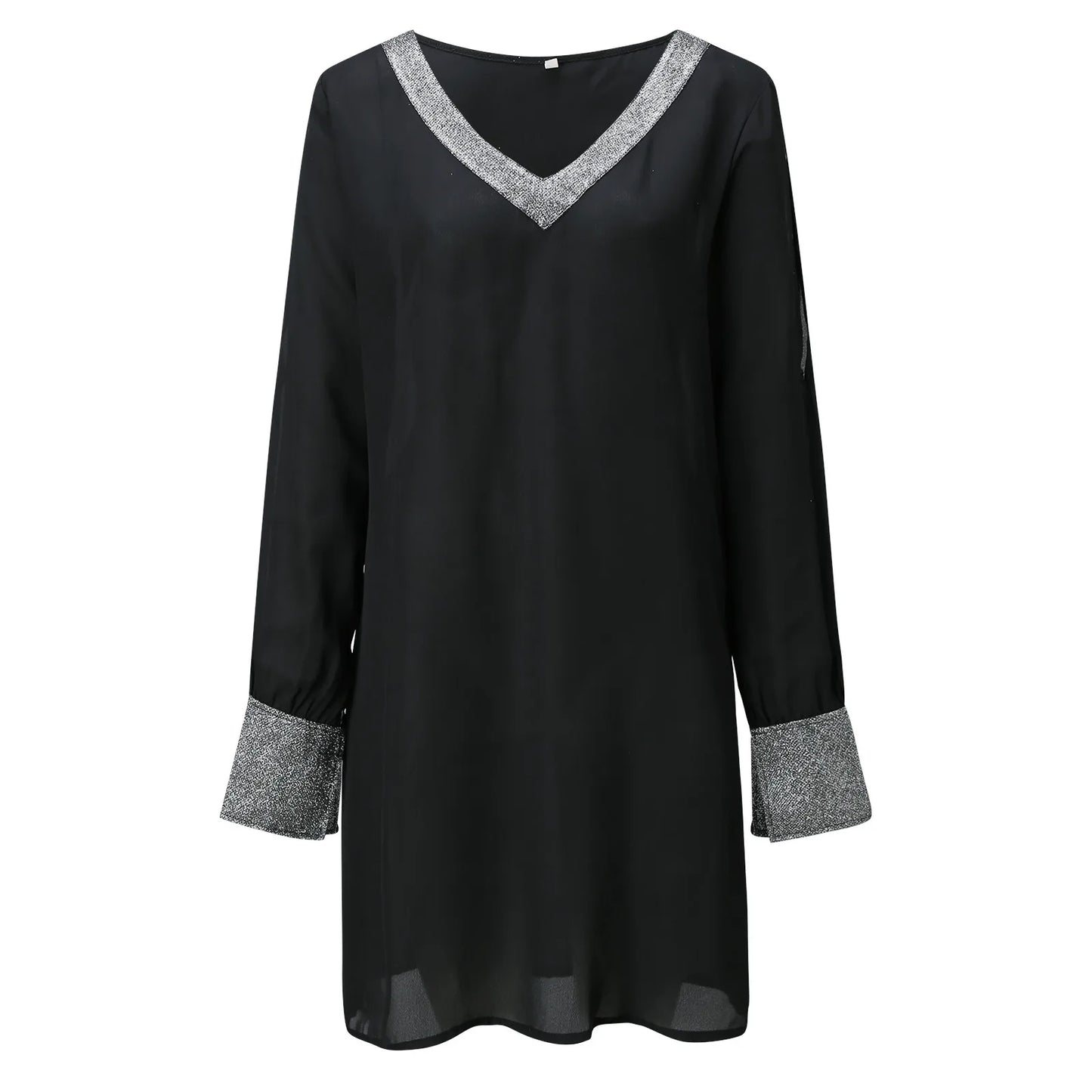 Dresses For Women 2025 Elegant Shiny Mesh Stitching Long Sleeve Robe Solid Color V Neck Mini Dress Evening Party Dresses Vestido