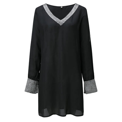 Dresses For Women 2025 Elegant Shiny Mesh Stitching Long Sleeve Robe Solid Color V Neck Mini Dress Evening Party Dresses Vestido