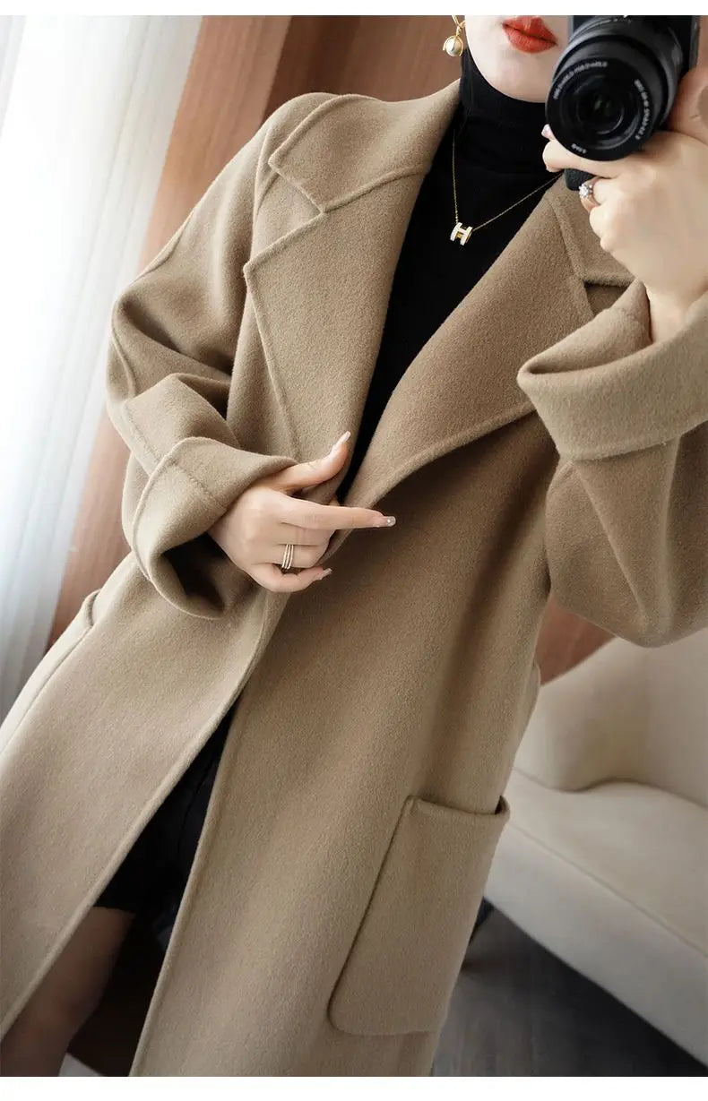 2024 Women's Wear 100% Wool Coat Autumn/Winter Fashion Temperament Double sided Cashmere Coats with Belt Elegant Long Overcoat