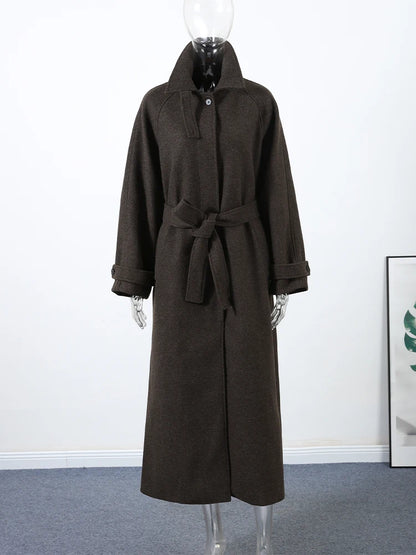 Elegant Woolen Women's Long Coat Long Sleeve Turn-down Single Breasted Female Overcoat 2025 Autumn Winter Chic Casual Lady Coats