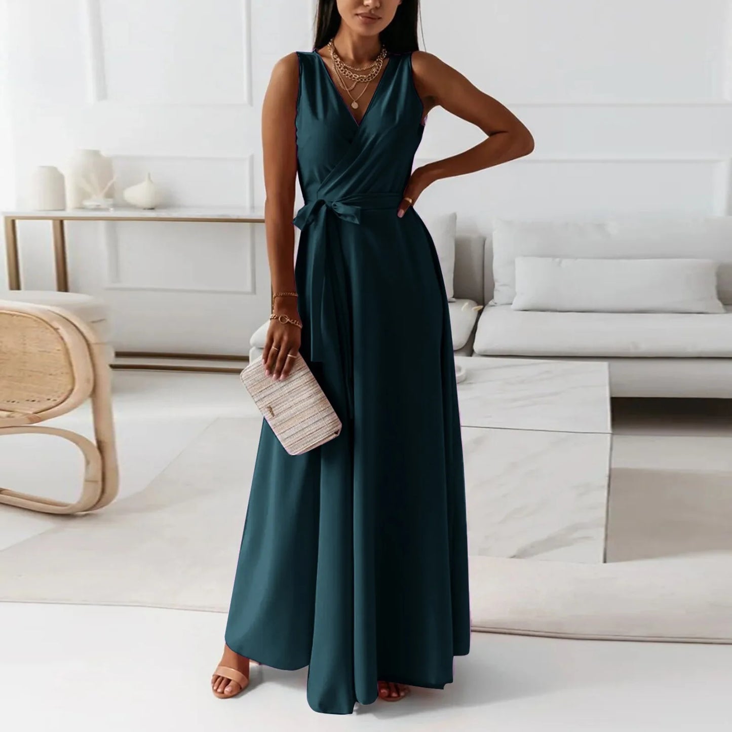 dresses for women elegant party dresses V-neck Sleeveless Belt Evening Dresses  Solid Color Solid Color dress vestidos femenino