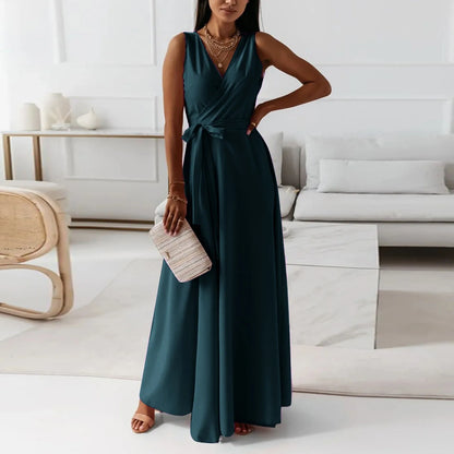dresses for women elegant party dresses V-neck Sleeveless Belt Evening Dresses  Solid Color Solid Color dress vestidos femenino