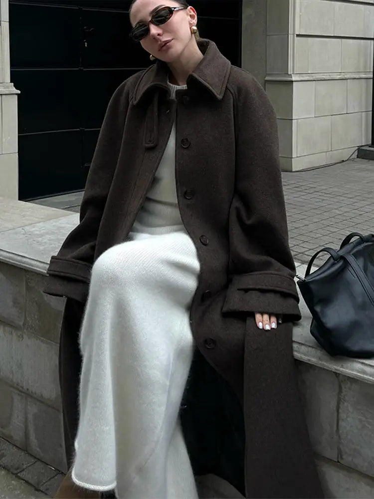 Elegant Woolen Women's Long Coat Long Sleeve Turn-down Single Breasted Female Overcoat 2025 Autumn Winter Chic Casual Lady Coats